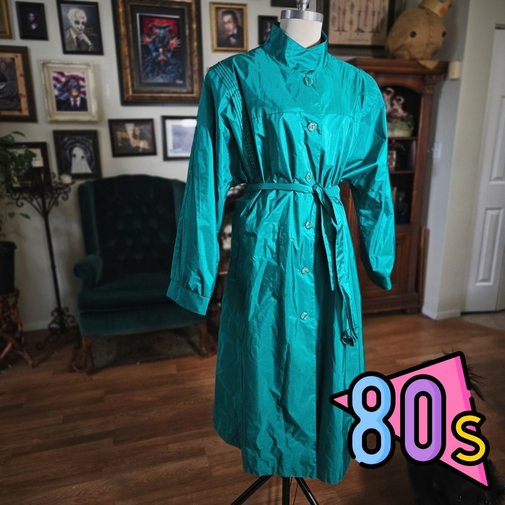 Vintage 80s The Legend Teal Aqua Full Length Trench Coat Belted Water Resistant
